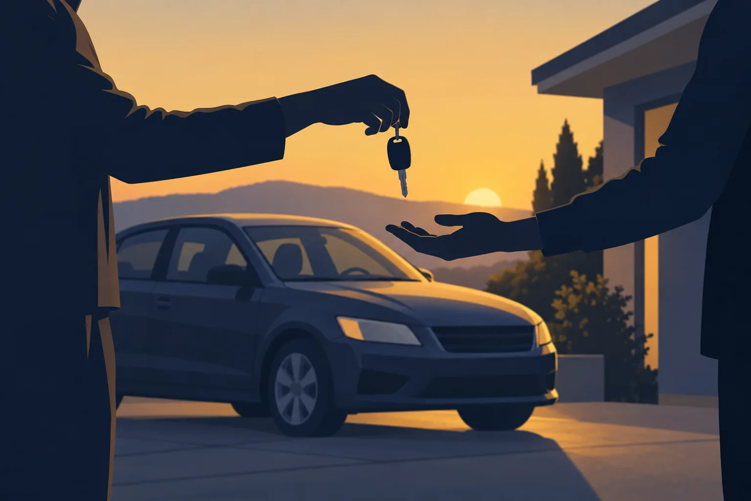 Decorative illustration of a car key handoff, symbolizing vehicle donation